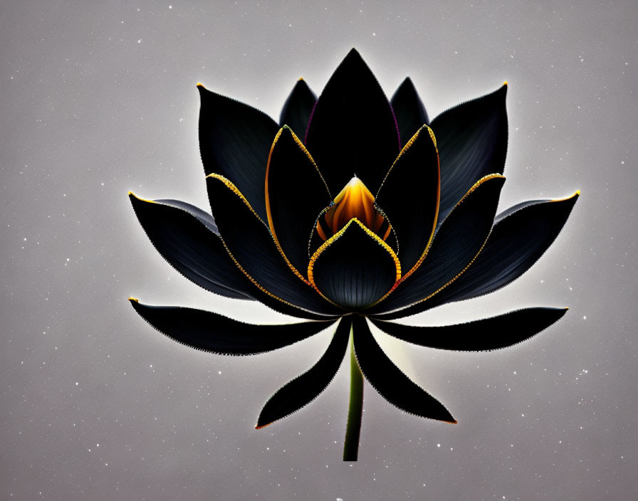 Stylized digital lotus flower with black petals and golden-yellow outline on grey background