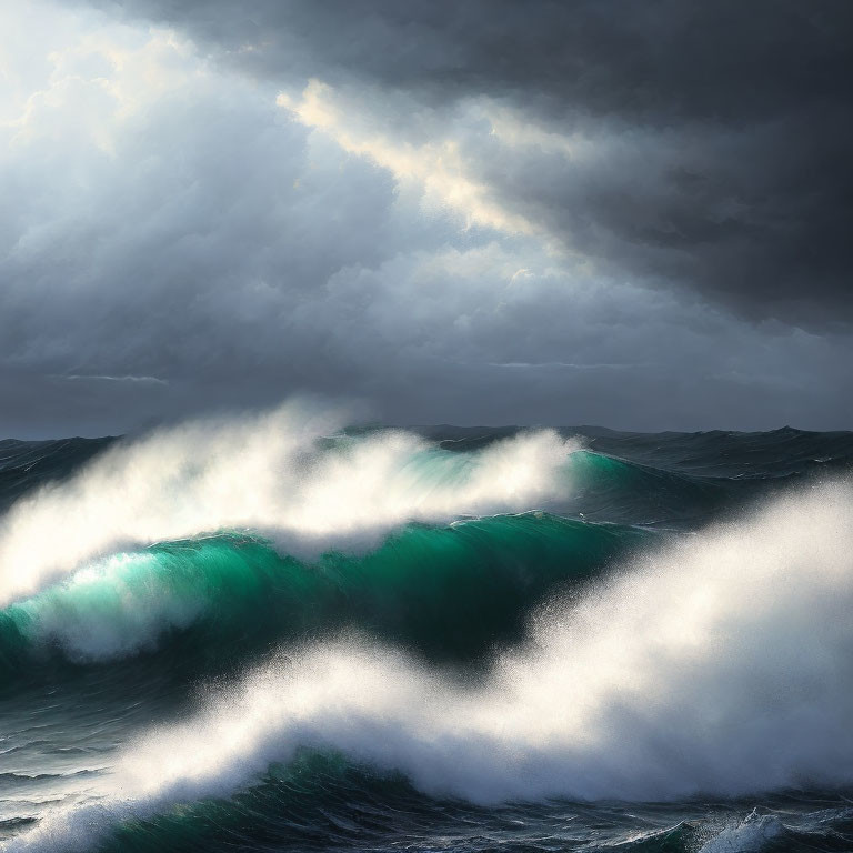 Towering Waves and Brooding Sky in Dramatic Ocean Scene