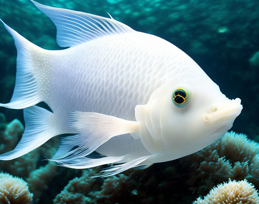 Elegant white fish with yellow-rimmed eye swimming near coral