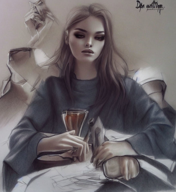 Sketch of woman with long hair holding pencil and glass, papers and phone on table with artist's mon