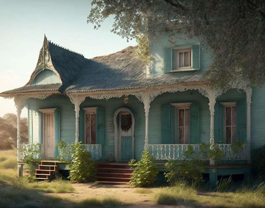 Blue vintage house with white trim in lush setting