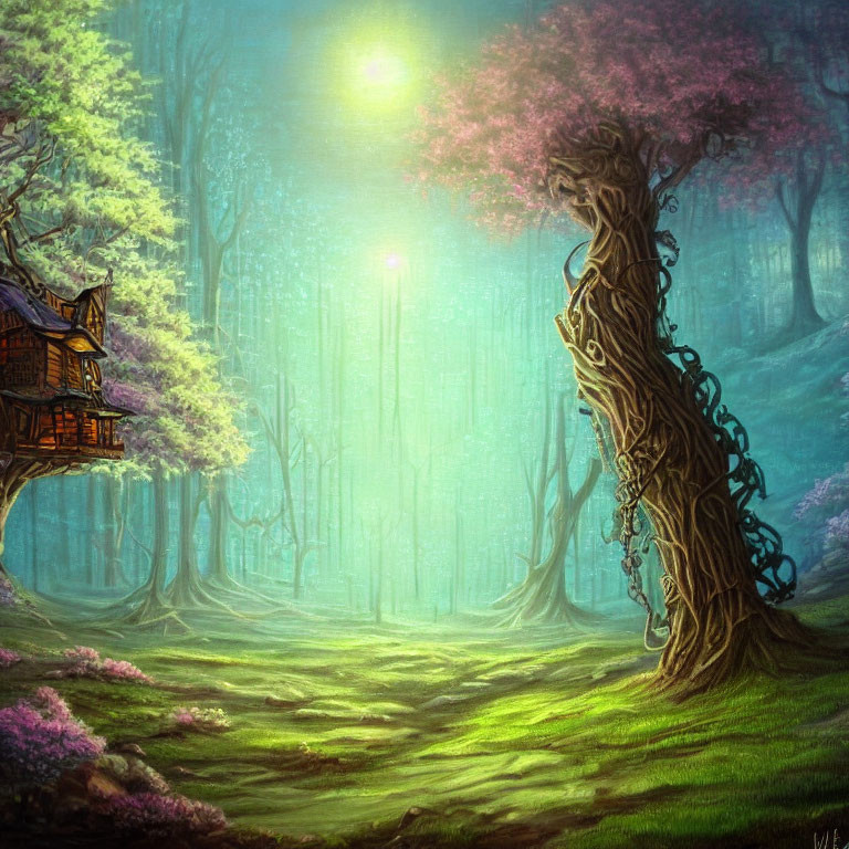 Mystical tree in enchanted forest with sunlight and wooden house