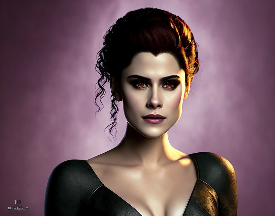 Portrait of Woman with Amber Eyes and Updo Hairstyle in Dark Outfit