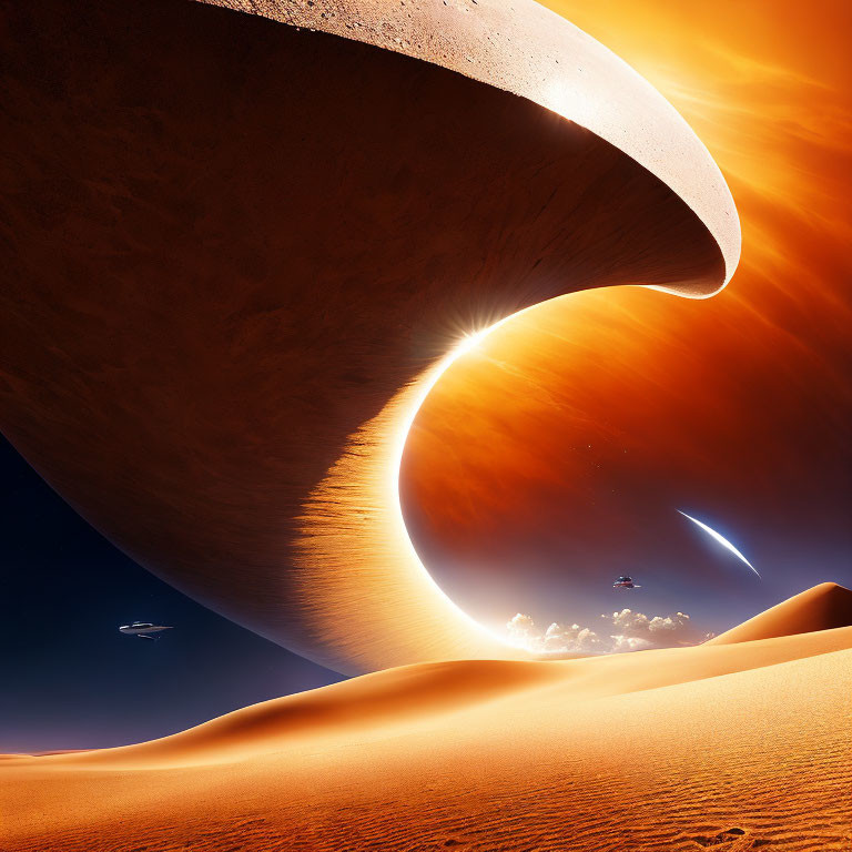 Surreal desert landscape with massive curved structure and dramatic lighting