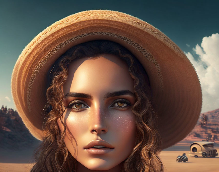 Portrait of a woman with large brown eyes and freckles in wide-brimmed hat, desert