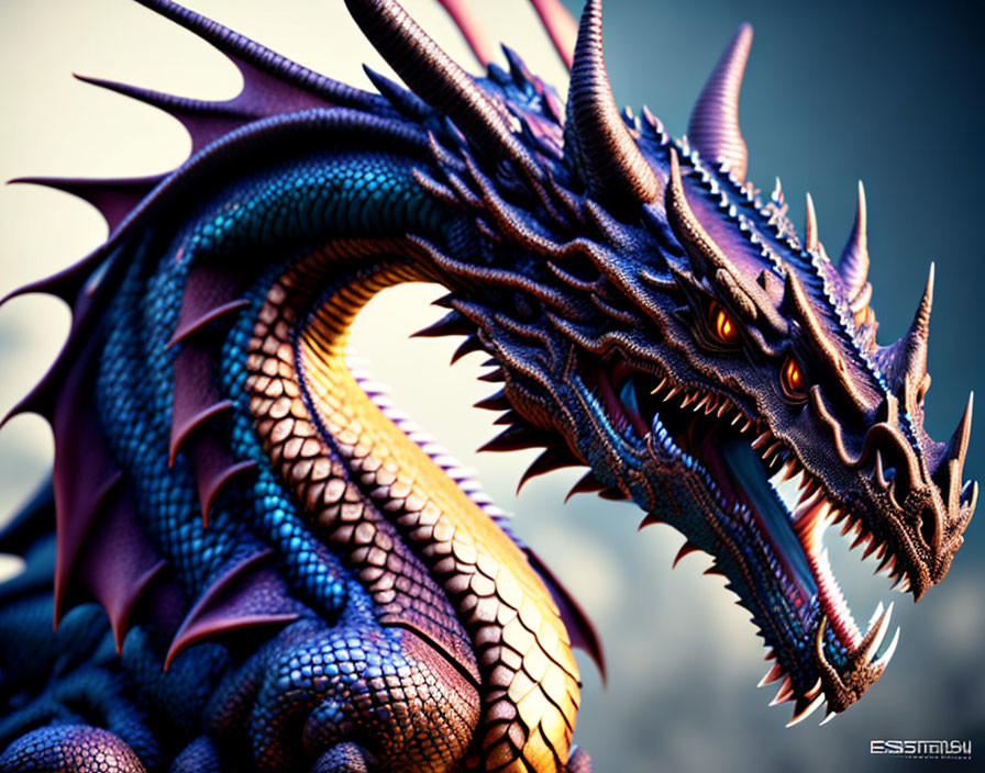 Detailed Dragon Illustration with Purple and Blue Scales