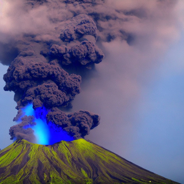 Volcanic Eruption: Ash Clouds and Blue Lava Glow at Dusk