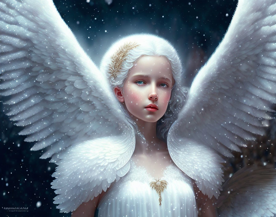 Detailed digital artwork: Angelic figure with large white wings, serene expression, white dress, snowfall