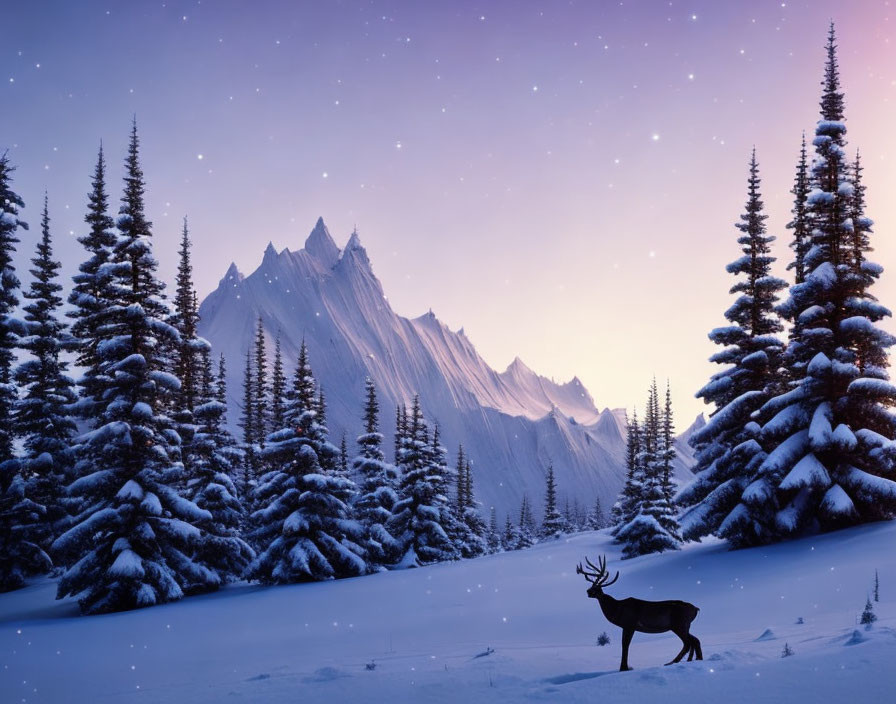 Solitary deer in snow-covered forest with mountains under starlit sky