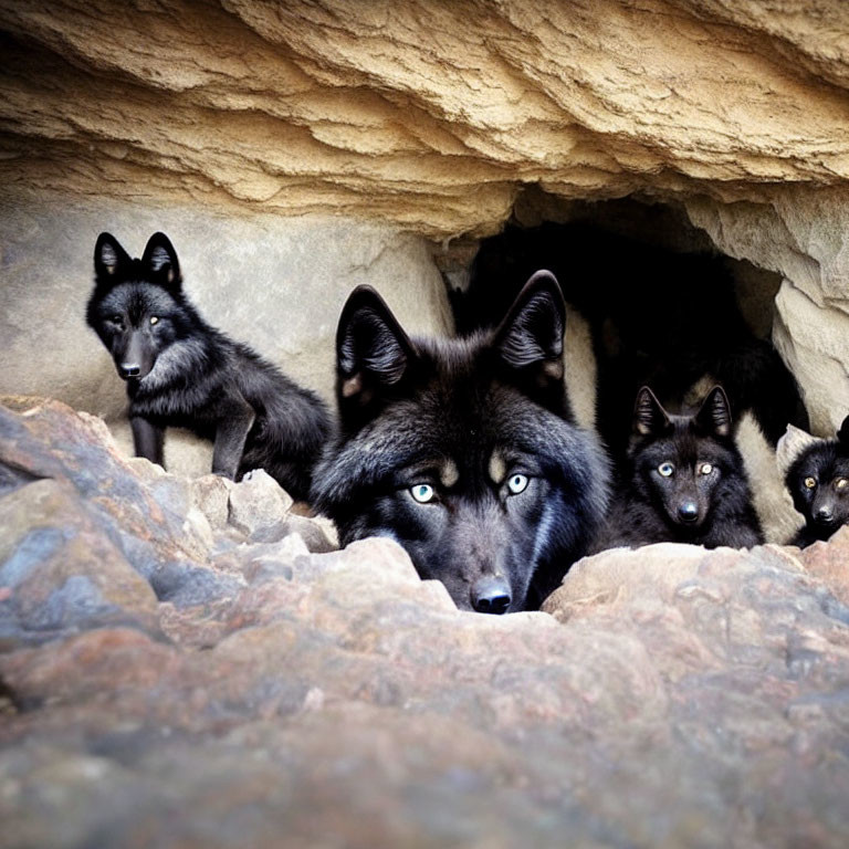 Mother wolf with blue eyes and three pups in den.