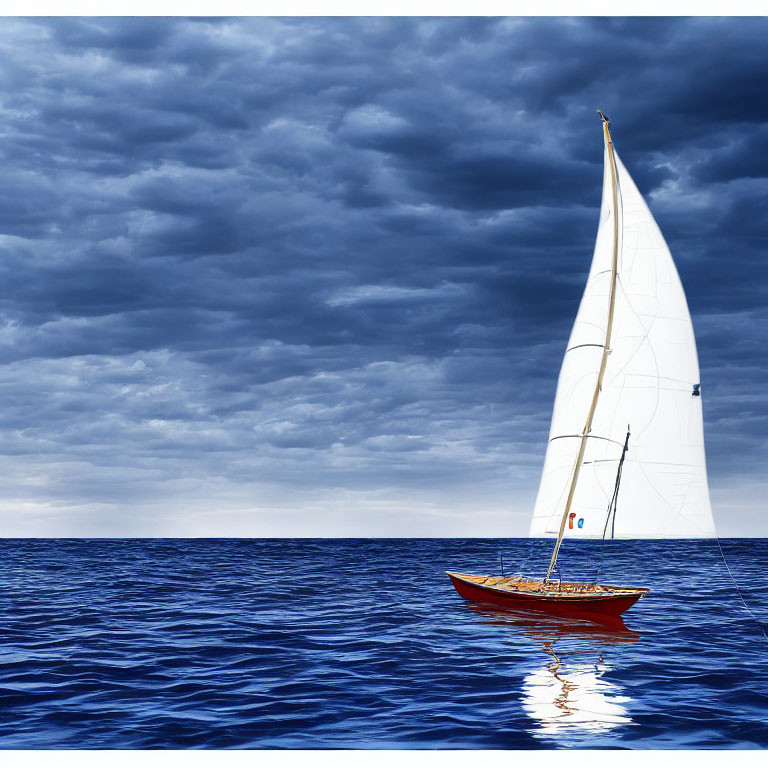 White sail sailboat on deep blue sea under cloudy sky