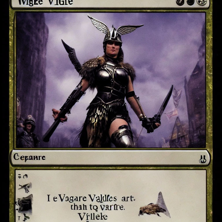 Valkyrie costume with sword and shield on card-like background