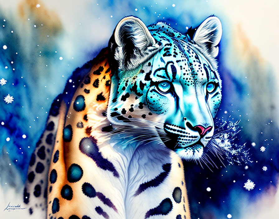 Digitally altered image: Leopard with blue and white fur, intricate patterns, snowflakes.