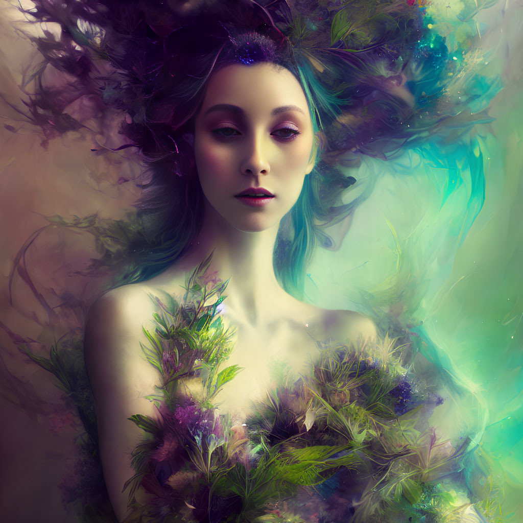 Ethereal makeup woman in surreal portrait with vibrant colors