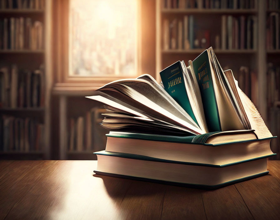 Stack of Hardcover Books on Wooden Table in Cozy Library Setting