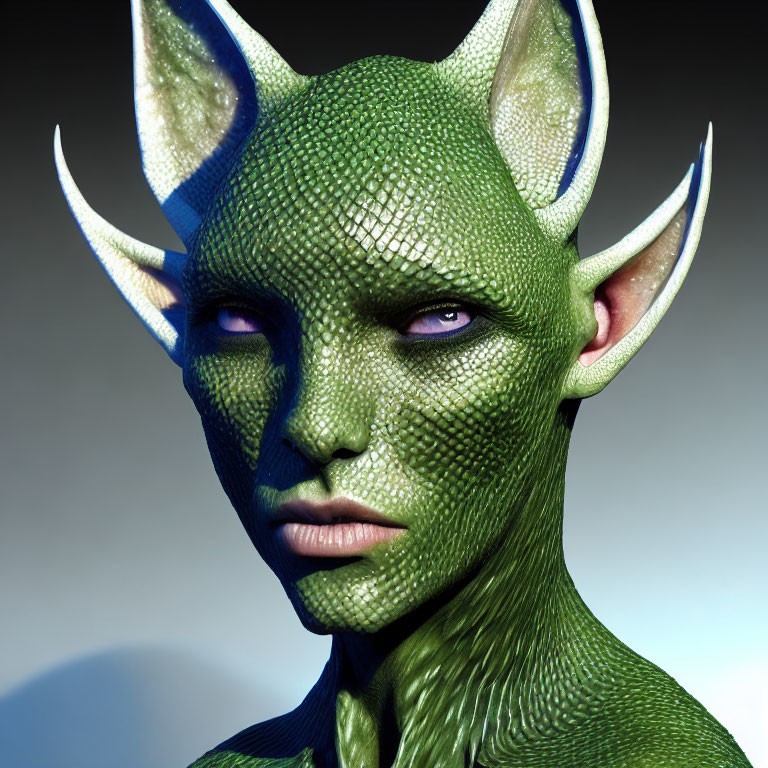 Green-skinned humanoid with pointed ears and horns, purple eyes on gradient background