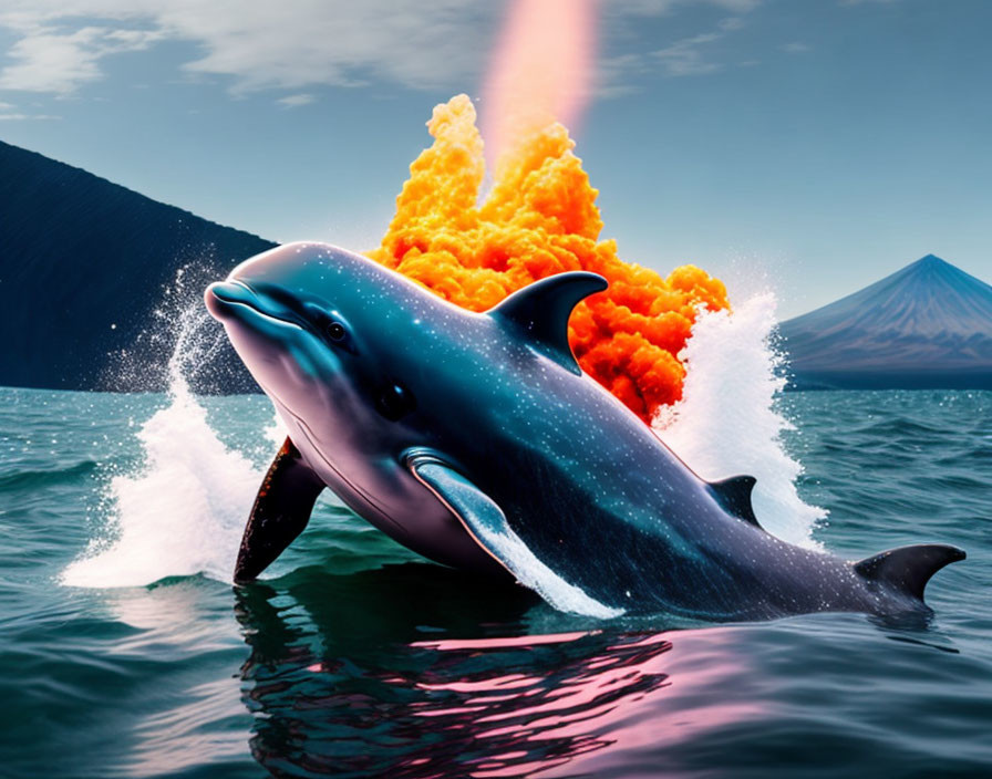 Dolphin leaping with volcanic eruption in background