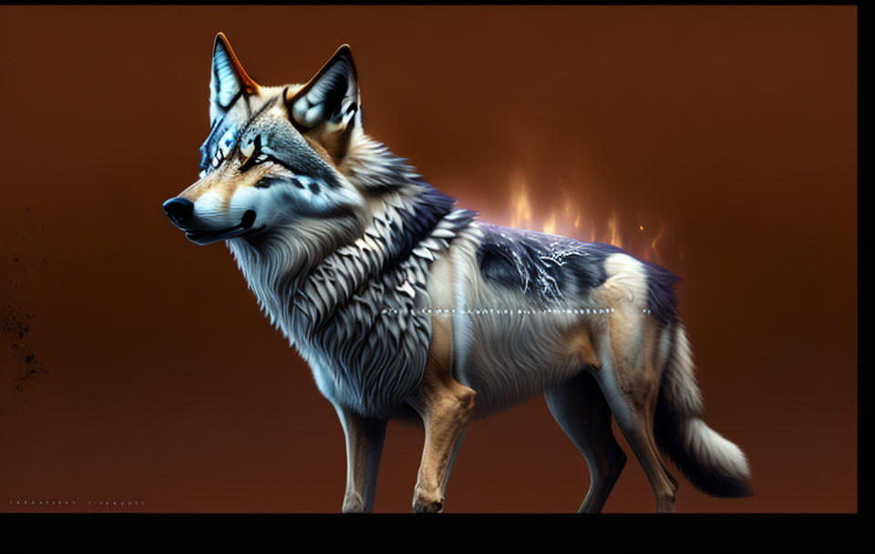 Digital artwork: Wolf with tribal patterns and flames