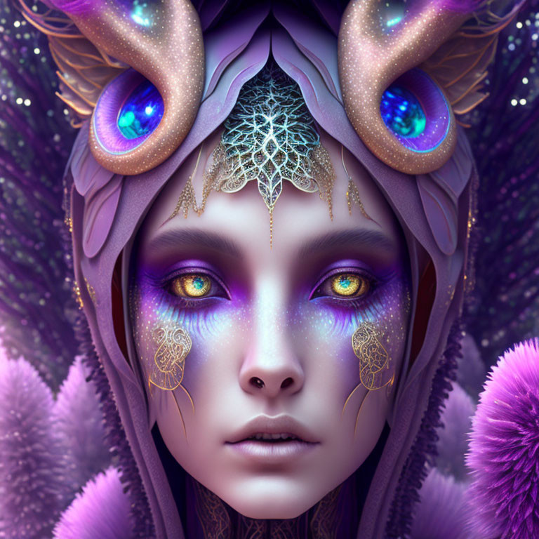 Fantasy portrait: Female figure with purple tones, sparkling eyes, ornate headdress, antler