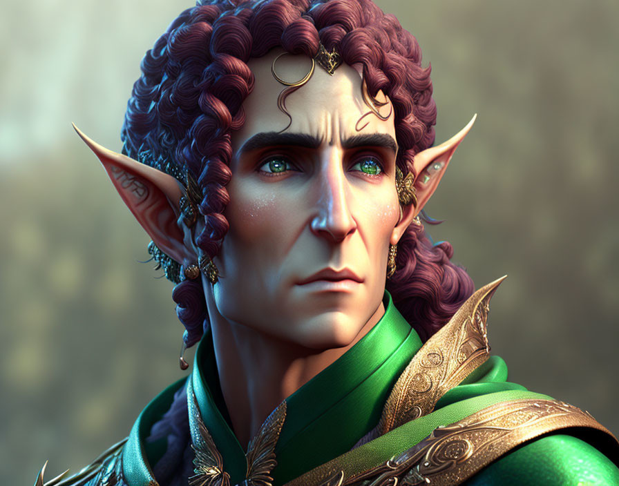 Male elf portrait with pointed ears, curly hair, and green cloak