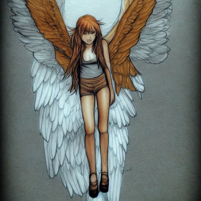 Female Figure with Long Hair and White/Brown Wings in Tank Top and Shorts on Gray Background