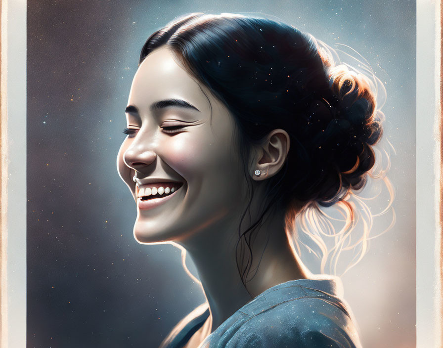 Smiling woman digital portrait with cosmic elements and starry background