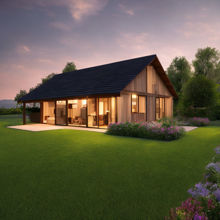 Modern Single-Story House with Large Windows, Wooden Walls, Dark Roof, Twilight Sky, Manic