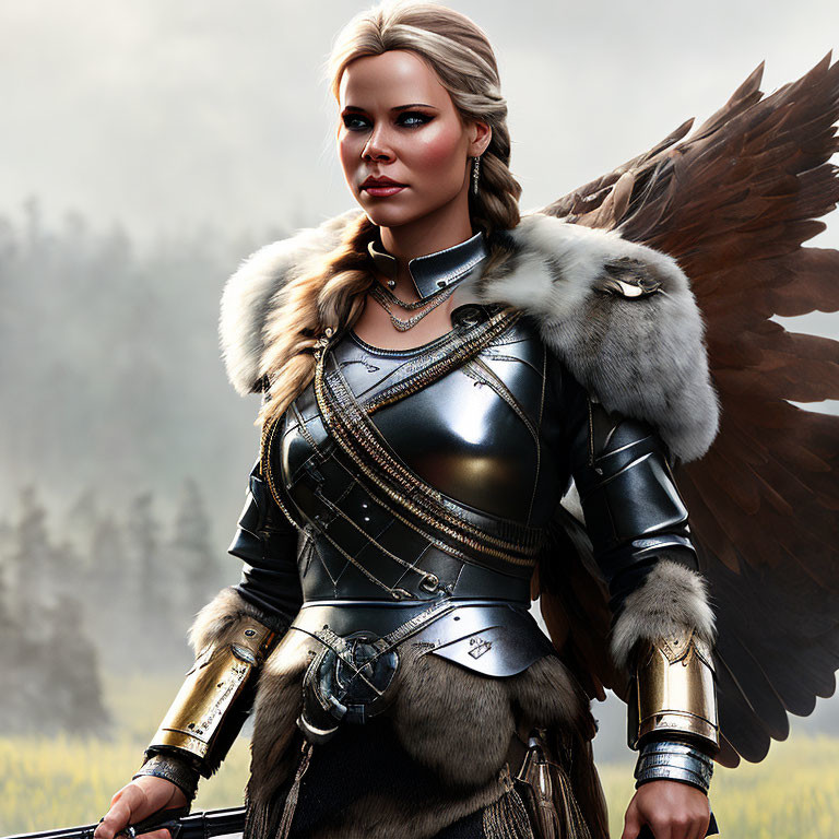 Blonde Warrior Woman in Medieval Armor with Brown Wings