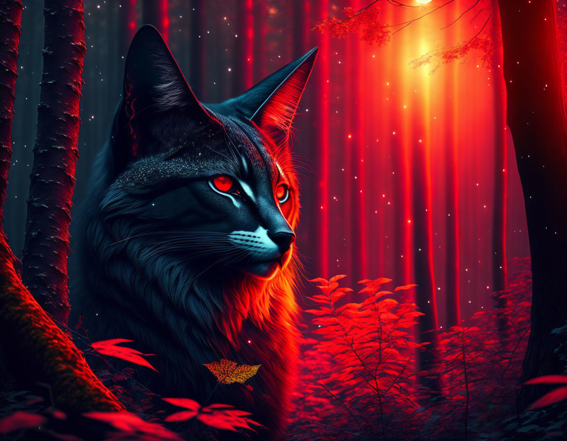 Mystical black cat with red eyes in vibrant forest with ethereal light