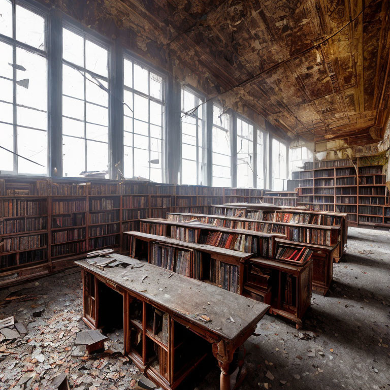 Abandoned library with full bookshelves and debris-covered floor