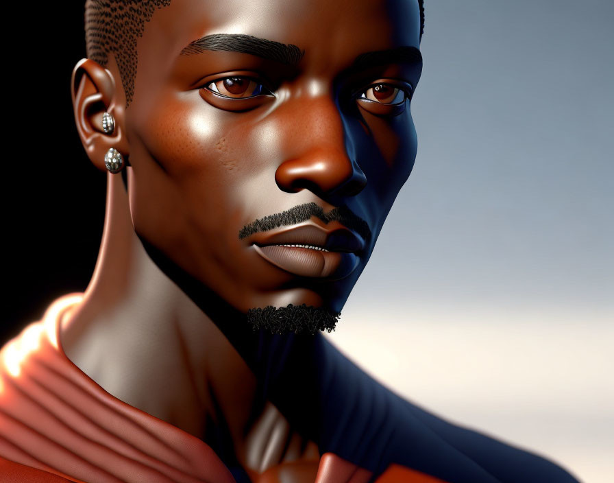 Portrait of man with dark skin, short hair, stubble, and earring in warm light,