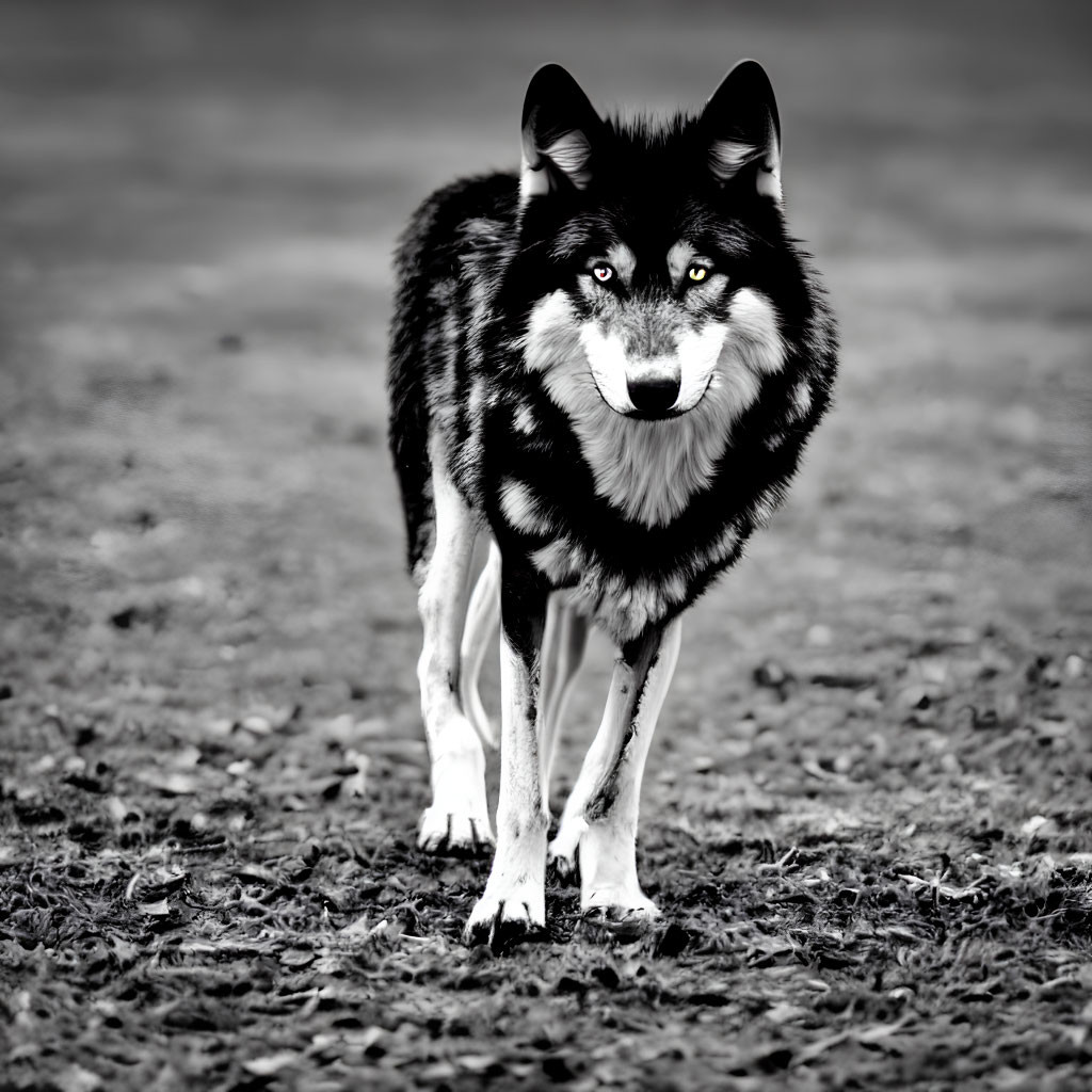 Monochrome image of a black wolf with white markings on bare ground