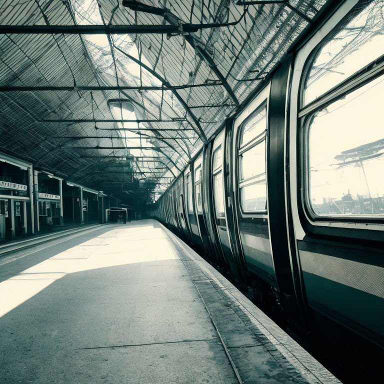 Vintage train at empty station under large arched canopy