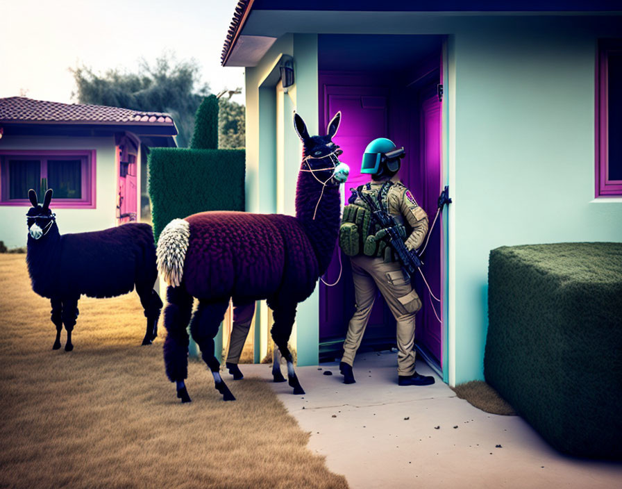 Person in tactical gear peeks with llamas in hats