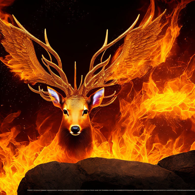 Digital art: Majestic deer with glowing antlers in fiery backdrop