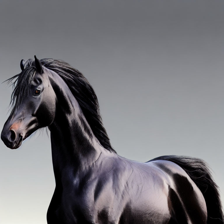 Majestic black horse with shiny coat and flowing mane on gradient background