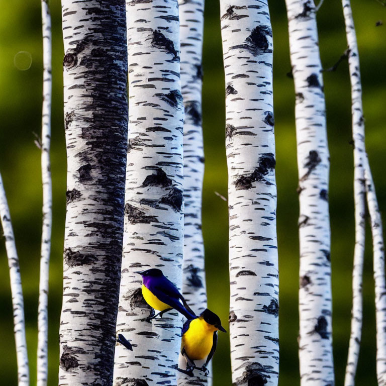 Yellow and Black Bird on Birch Tree Trunk in Forest Setting