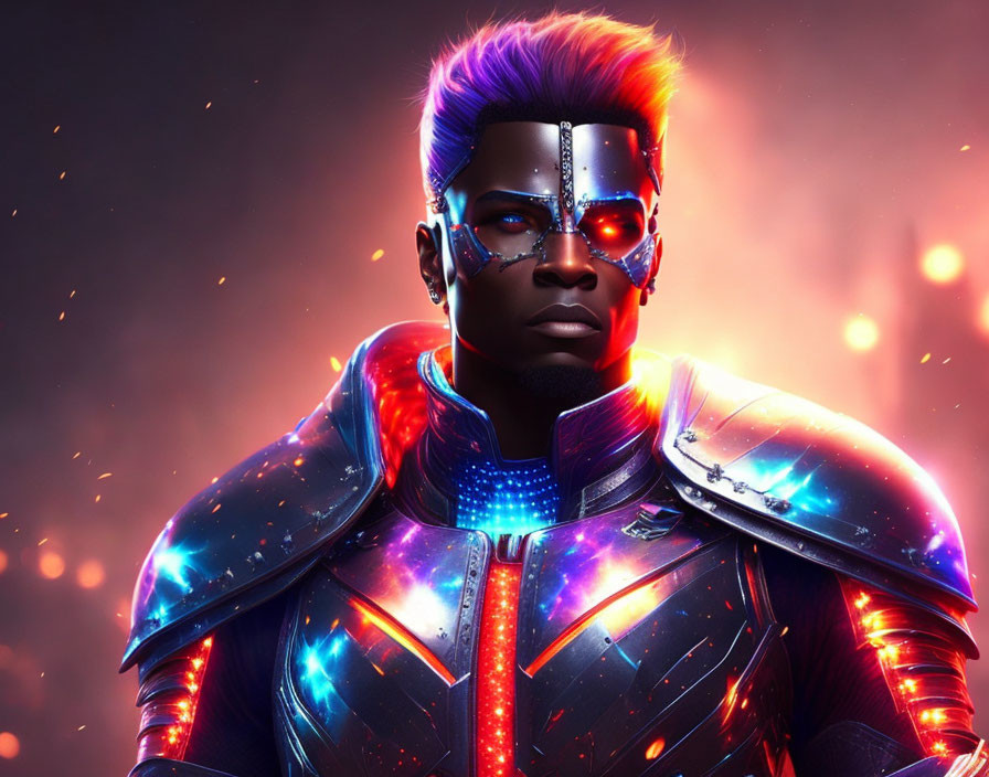 Futuristic warrior with cybernetic eyes and purple hair in metallic armor against fiery background