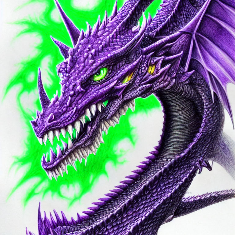 Detailed Purple Dragon Artwork with Green Eyes and Fiery Breath