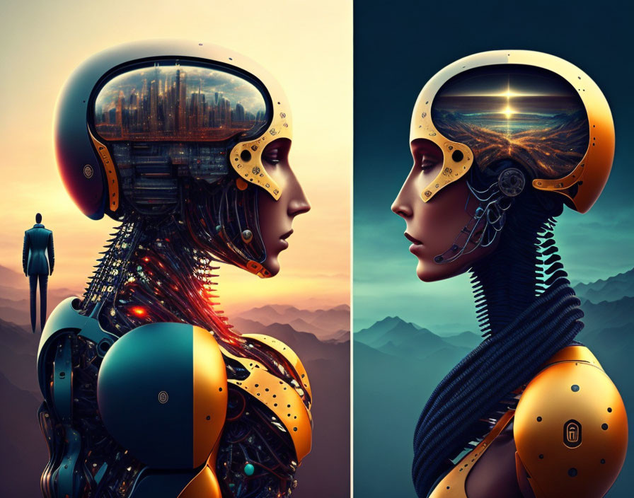 Futuristic robotic beings with human-like features in mountain cityscape.