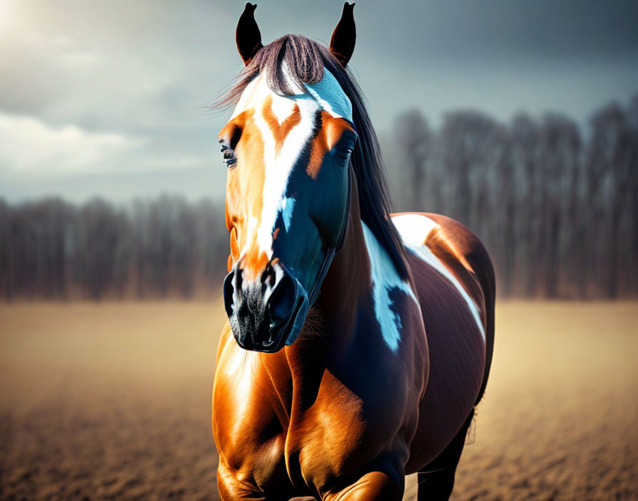 Chestnut horse with tiger mask face in field with moody sky