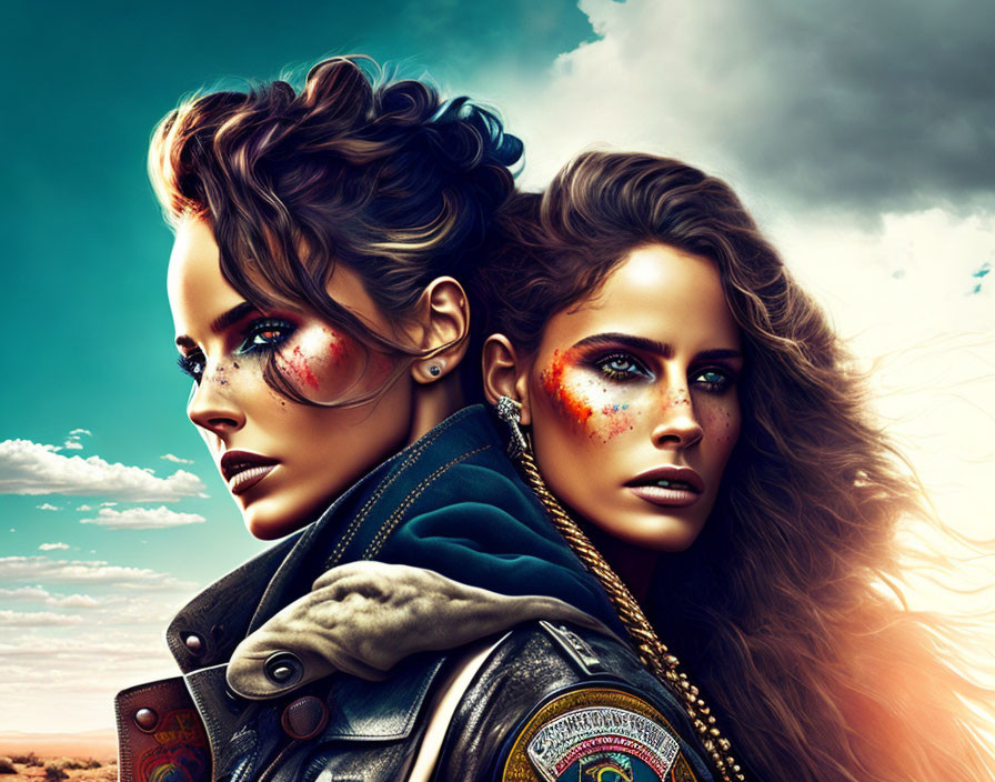 Stylized women in striking makeup and leather jackets under dramatic sky