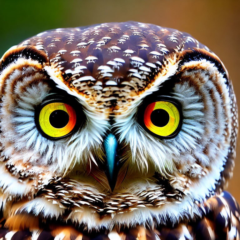 Detailed Close-Up of Owl with Orange-Yellow Eyes and Brown/White Feathers