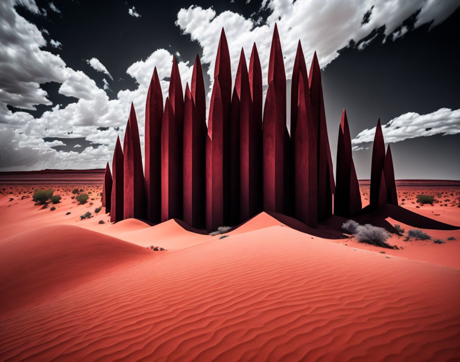 Red spike-like sculptures in orange sand dunes under dramatic sky