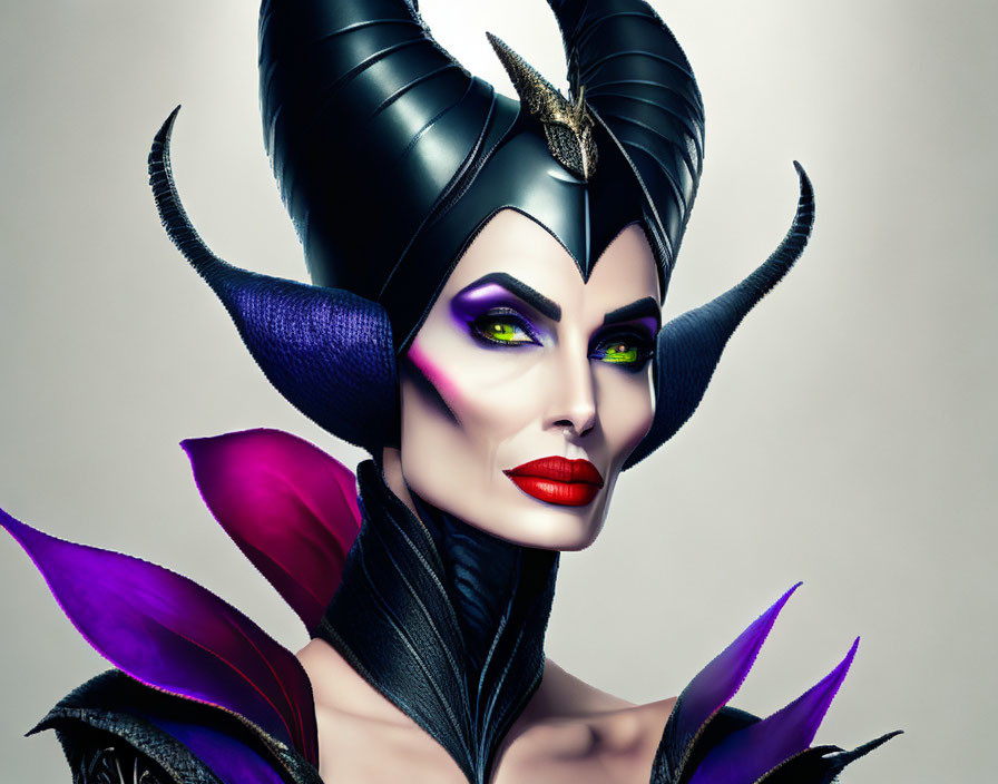 Fantasy character with dramatic makeup in black and purple outfit