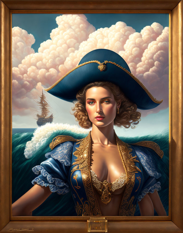 Regal pirate woman portrait with ship and clouds in gold frame