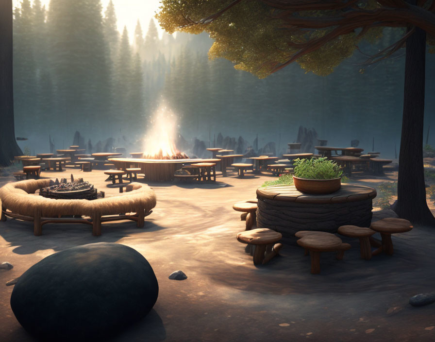 Forest Campfire Gathering with Wooden Tables and Soft Lighting