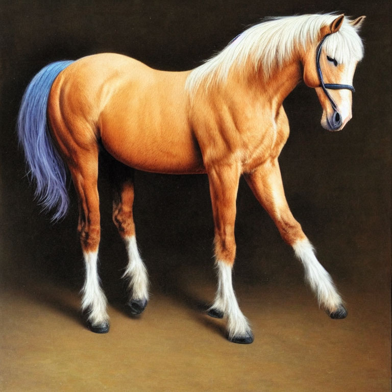 Chestnut Horse with Blonde Mane and Blue Feathering on Dark Background