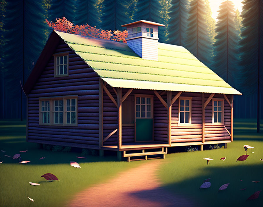 Rustic wooden cabin with green roof in forest clearing at dusk