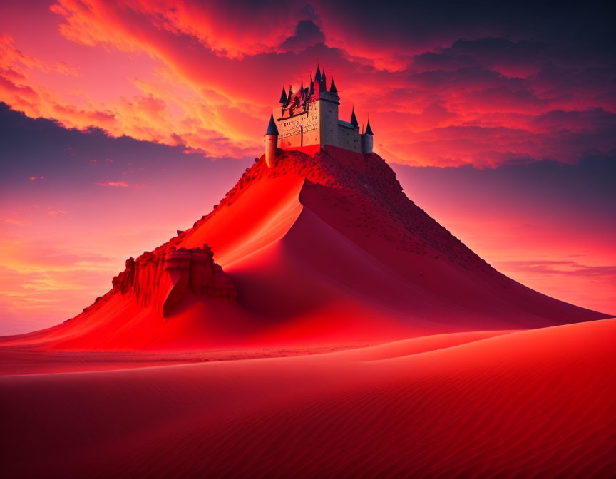 Fairytale castle on sand dune under red sky with textured shadows